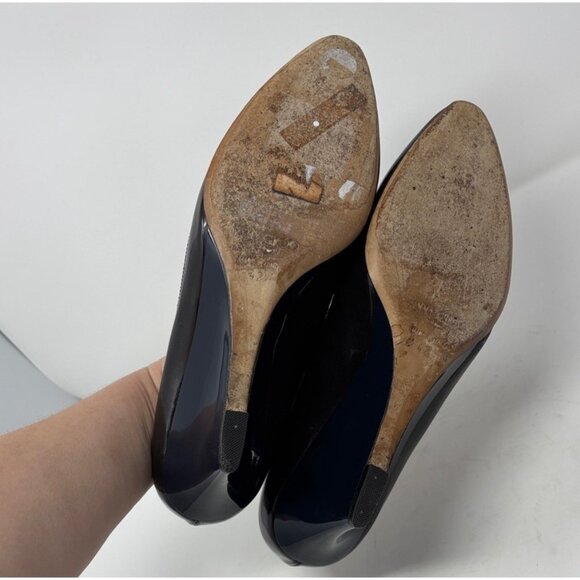Jimmy Choo Gilbert Black Navy Patent Leather Almond Toe Wedge Heel Pumps - Picture 5 of 8